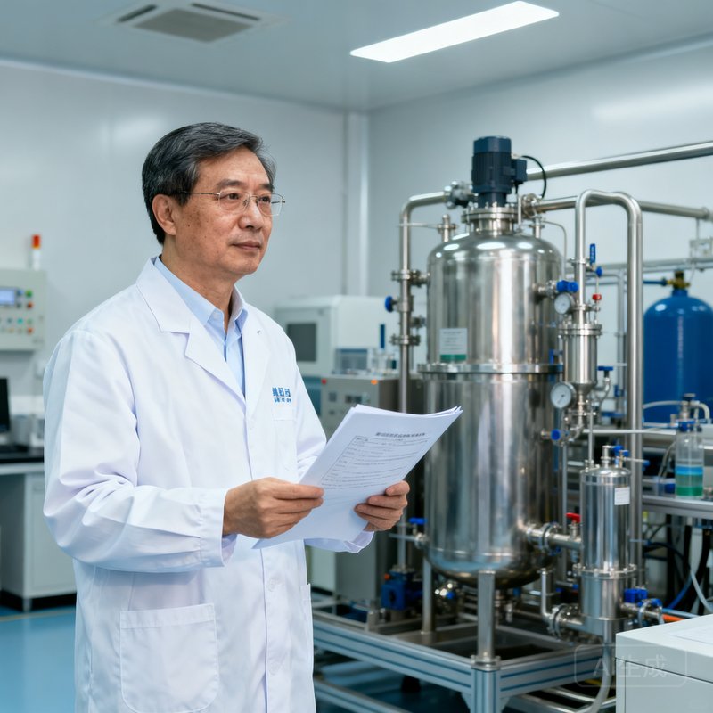 集团首席科学家张明远博士，50岁左右，身穿白色实验服站在氢能实验室中，背景是电解水制氢设备，他手持一份技术报告神情专注